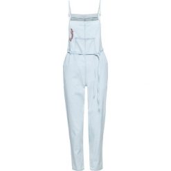 Kombinezon dżinsowy bonprix jasnoniebieski "bleached". Niebieskie kombinezony damskie bonprix, bez wzorów, bez kołnierzyka, bez rękawów. Za 54,99 zł.