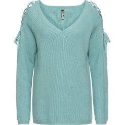 Sweter z wycięciami bonprix niebieski mineralny. Niebieskie swetry klasyczne damskie bonprix, ze sznurowanym dekoltem. Za 74,99 zł.