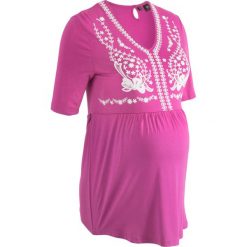 Shirt ciążowy, krótki rękaw bonprix fioletowa orchidea. Fioletowe bluzki ciążowe bonprix, z haftami, z wiskozy, bez kołnierzyka, z krótkim rękawem. Za 27,99 zł.