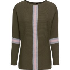 Sweter dzianinowy bonprix ciemnooliwkowo-matowy jasnoróżowy - szary. Zielone swetry klasyczne damskie bonprix, z dzianiny, z dekoltem w łódkę. Za 99,99 zł.
