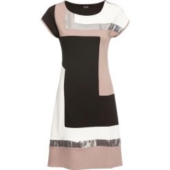 Sukienka shirtowa bonprix czarno-jasnoszaro-kremowy. Czarne sukienki damskie bonprix, bez wzorów, eleganckie, z kontrastowym kołnierzykiem, z krótkim rękawem, krótkie, mini, asymetryczne. Za 109,99 zł.