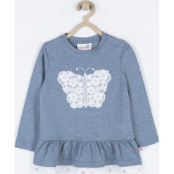 Koszulka. Niebieskie bluzki dziewczęce bawełniane BUTTERFLY, z aplikacjami, z falbankami, z długim rękawem. Za 59,90 zł.