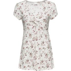 Shirt bonprix biały wzorzysty. Białe koszulki damskie bonprix, z nadrukiem, z dekoltem w serek, bez rękawów. Za 59,99 zł.