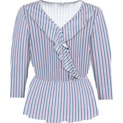 Shirt z wolantami bonprix niebiesko-czerwono-biały w paski. Czerwone koszulki damskie marki bonprix, w paski, bez kołnierzyka, bez rękawów. Za 69,99 zł.