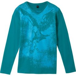 Shirt z długim rękawem bonprix turkusowy. Niebieskie koszule chłopięce bonprix, z nadrukiem, z dekoltem w serek, z długim rękawem, długie. Za 24,99 zł.
