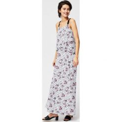 Sukienka maxi z falbaną. Białe sukienki damskie Moodo, na co dzień, s, z nadrukiem, z elastanu, bez kołnierzyka, bez rękawów, maxi, z odkrytymi ramionami. Za 39,99 zł.