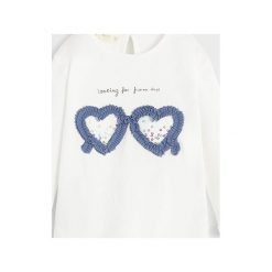 Mango Kids - Longsleeve dziecięcy 80-104 cm. Białe bluzki dziewczęce Mango Kids, z nadrukiem, z bawełny, z okrągłym kołnierzem, z krótkim rękawem, krótkie, bez kaptura. Za 45,90 zł.