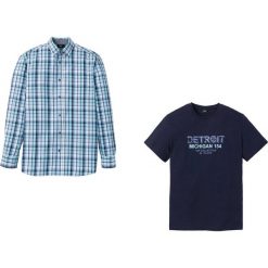 Komplet: koszula z długim rękawem + t-shirt ze specjalnym krojem na wys. brzucha bonprix niebieski w kratę. Niebieskie koszule męskie bonprix, xl, bez wzorów, bez kołnierzyka, długie. Za 129,99 zł.