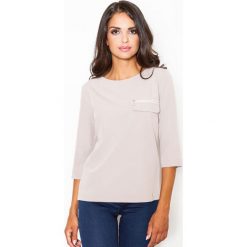 Beżowa Wyjściowa Bluzka z Rękawem 3/4 z Suwakiem na Kieszonce. Brązowe bluzki damskie marki Molly.pl, s, bez wzorów, z jeansu, eleganckie, z okrągłym kołnierzem, bez rękawów. Za 85,90 zł.