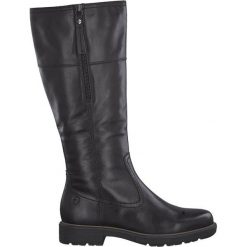 Tamaris Kozaki Medium/XL czarny female czarny 38. Czarne kozaki damskie Tamaris, ze skóry, eleganckie, z otwartym noskiem, bez obcasa, na zamek. Za 499,00 zł.
