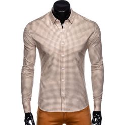 KOSZULA MĘSKA W KRATĘ Z DŁUGIM RĘKAWEM K434 - BEŻOWA. Brązowe koszule męskie Ombre Clothing, s, bez wzorów, z bawełny, bez kołnierzyka, z długim rękawem. Za 39,00 zł.