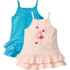 Top z falbanami (2 szt.) bonprix jasny brzoskwiniowy z nadrukiem + turkusowy. Brązowe topy damskie marki bonprix, na lato, z nadrukiem, na ramiączkach. Za 21,99 zł.