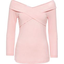 Shirt z dżerseju z założeniem kopertowym, rękawy 3/4 bonprix jasnoróżowy cukierkowy. Różowe koszulki damskie marki bonprix, bez wzorów, z dżerseju, bez kołnierzyka, bez rękawów. Za 54,99 zł.
