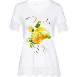 T-shirt z koronką bonprix biało-żółty z nadrukiem. Białe bluzki damskie marki bonprix, z nadrukiem, z koronki. Za 74,99 zł.