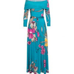 Sukienka z dekoltem "carmen" bonprix turkusowy w kwiaty. Niebieskie sukienki damskie bonprix, na lato, w kwiaty, bez kołnierzyka, bez rękawów. Za 149,99 zł.