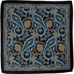 Czarna Elegancka Męska Poszetka -ALTIES- Niebiesko-Żółty Orientalny Wzór POSZALTTANIA0285. Żółte poszetki męskie Alties, bez wzorów, z materiału, eleganckie. Za 16,90 zł.
