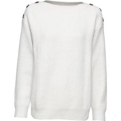 Sweter oversize z guzikami bonprix biel wełny. Białe swetry damskie bonprix, bez wzorów, z wełny, bez rękawów, bez kaptura. Za 79,99 zł.