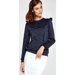 Granatowy Sweter z Falbanką. Niebieskie piżamy damskie Molly.pl, s, bez wzorów, z jeansu, bez rękawów, bez kaptura. Za 109,90 zł.