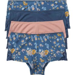 Figi "french" (4 pary) bonprix z kolorowym nadrukiem + jasnoróżowy + niebieski. Niebieskie majtki damskie bonprix, z koronki. Za 39,96 zł.