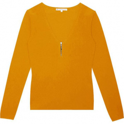Sweter kaszmirowy w kolorze musztardowym. Żółte swetry klasyczne damskie marki Ateliers de la Maille, z kaszmiru, z okrągłym kołnierzem. W wyprzedaży za 363,95 zł.