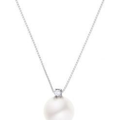 Naszyjniki damskie: Srebrny naszyjnik z diamentem i perłą – dł. 42 cm