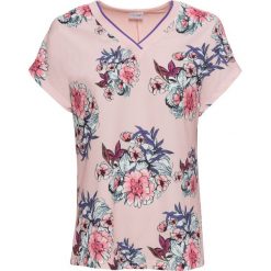 Shirt z nadrukiem bonprix jasnoróżowy w kwiaty. Różowe koszulki damskie bonprix, z nadrukiem, z dekoltem w serek, bez rękawów. Za 74,99 zł.