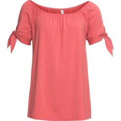 Shirt z ozdobnym przewiązaniem bonprix koralowy. Czerwone koszulki damskie bonprix, bez wzorów, z okrągłym kołnierzem, bez rękawów. Za 49,99 zł.