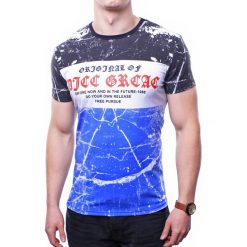Koszulka męska t-shirt z nadrukiem niebieski Recea. Niebieskie koszulki męskie Recea, s, z nadrukiem, z bawełny, klasyczne, bez kołnierzyka. W wyprzedaży za 24,99 zł.