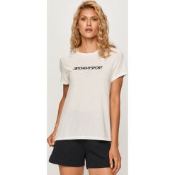 Tommy Sport - T-shirt. Białe topy damskie Tommy Sport, s, z nadrukiem, z bawełny, z krótkim rękawem. Za 179,90 zł.