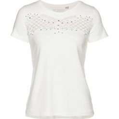 Shirt z ażurową koronką bonprix biel wełny. Białe koszulki damskie bonprix, w koronkowe wzory, z wełny, bez kołnierzyka, bez rękawów. Za 89,99 zł.
