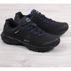 Buty trekkingowe męskie wodoodporne American Club - czarny / niebieski. Niebieskie buty sportowe męskie American CLUB, bez zapięcia. Za 129,99 zł.