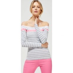 Bluzka z odkrytymi ramionami. Szare bluzki damskie Moodo, xl, w paski, z elastanu, bez kołnierzyka, z długim rękawem. Za 14,99 zł.