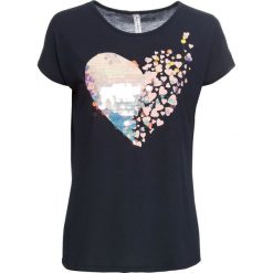 Shirt z cekinami bonprix ciemnoniebieski. Niebieskie koszulki damskie bonprix, bez wzorów, bez kołnierzyka, bez rękawów. Za 54,99 zł.