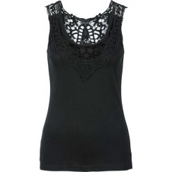 Top z koronką bonprix czarny. Czarne bluzki damskie bonprix, w koronkowe wzory, z koronki, bez kołnierzyka, bez rękawów. Za 44,99 zł.