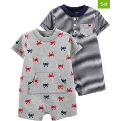 Rampers (2 szt.) w kolorze szaro-granatowym. Szare body niemowlęce Carter's, bez wzorów, z bawełny, bez rękawów. W wyprzedaży za 59,95 zł.