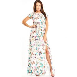 Wzorzysta hiszpanka maxi. Białe sukienki damskie Made in Poland, bez wzorów, z elastanu, bez kołnierzyka, bez rękawów, maxi. Za 309,00 zł.