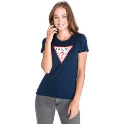 Guess Koszulka Niebieski. Niebieskie koszulki damskie Guess, xs, z nadrukiem, z bawełny, bez kołnierzyka, z krótkim rękawem. Za 123,95 zł.