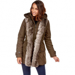 Parka w kolorze khaki. Brązowe parki damskie marki Snowie Collection, s, prążkowane. W wyprzedaży za 272,95 zł.