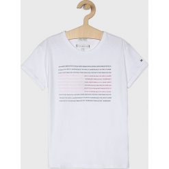 Tommy Hilfiger - Top dziecięcy 128-176 cm. Szare bluzki dziewczęce TOMMY HILFIGER, z nadrukiem, z bawełny, z okrągłym kołnierzem, z krótkim rękawem, krótkie, bez kaptura. W wyprzedaży za 99,90 zł.