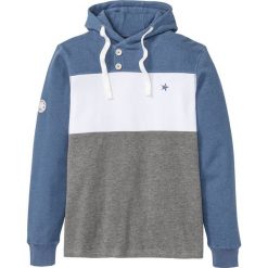 Bluza z materiału pique, z kapturem bonprix niebieski dżins -biało-szary melanż. Niebieskie bluzy męskie bonprix, s, bez wzorów, z kapturem, bez rękawów, z kapturem. Za 99,99 zł.