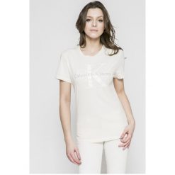 Calvin Klein Jeans - Top. Białe bluzki damskie marki Calvin Klein Jeans, s, z nadrukiem, z bawełny, z okrągłym kołnierzem. W wyprzedaży za 159,90 zł.
