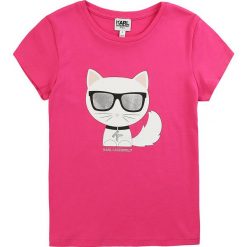Karl Lagerfeld - T-shirt dziecięcy 114-150 cm. Czarne bluzki dziewczęce KARL LAGERFELD, z nadrukiem, z bawełny, z okrągłym kołnierzem, z krótkim rękawem, krótkie, bez kaptura. Za 169,90 zł.