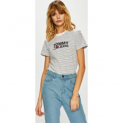 Tommy Jeans - Top. Szare topy damskie Tommy Jeans, l, z nadrukiem, z bawełny, z okrągłym kołnierzem. Za 179,90 zł.