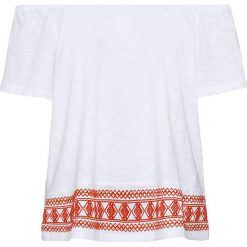 Shirt z nadrukiem bonprix biało-jasny łososiowy w graficzny wzór. Białe bluzki damskie bonprix, z nadrukiem, z bawełny, bez kołnierzyka. Za 34,99 zł.