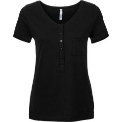 T-shirt z plisą guzikową bonprix czarny. Czarne t-shirty damskie bonprix, bez wzorów, z dekoltem w serek. Za 34,99 zł.