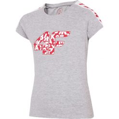 T-shirt dziewczęcy (122-164) JTSD203 - szary melanż. Szare bluzki dziewczęce marki 4F JUNIOR, z nadrukiem, z materiału, bez kołnierzyka, bez rękawów, bez kaptura. Za 34,99 zł.