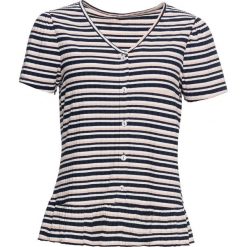Shirt w paski z guzikami bonprix ciemnoniebiesko-biel wełny - bladoróżowy w paski. Niebieskie koszulki damskie bonprix, w paski, z wełny, bez kołnierzyka, bez rękawów. Za 49,99 zł.