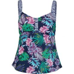 Top plażowy tankini bonprix ciemnoniebieski w kwiaty. Niebieskie stroje kąpielowe damskie bonprix, w kwiaty, bez kołnierzyka. Za 89,99 zł.