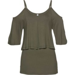 Shirt z odkrytymi ramionami bonprix ciemnooliwkowy. Zielone koszulki damskie bonprix, bez wzorów, bez kołnierzyka, bez rękawów. Za 69,99 zł.