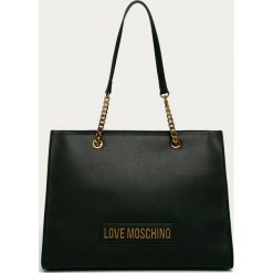 Love Moschino - Torebka. Czarne torby damskie na zakupy Love Moschino, w paski, ze skóry ekologicznej, na ramię, duże, z aplikacjami. Za 839,90 zł.
